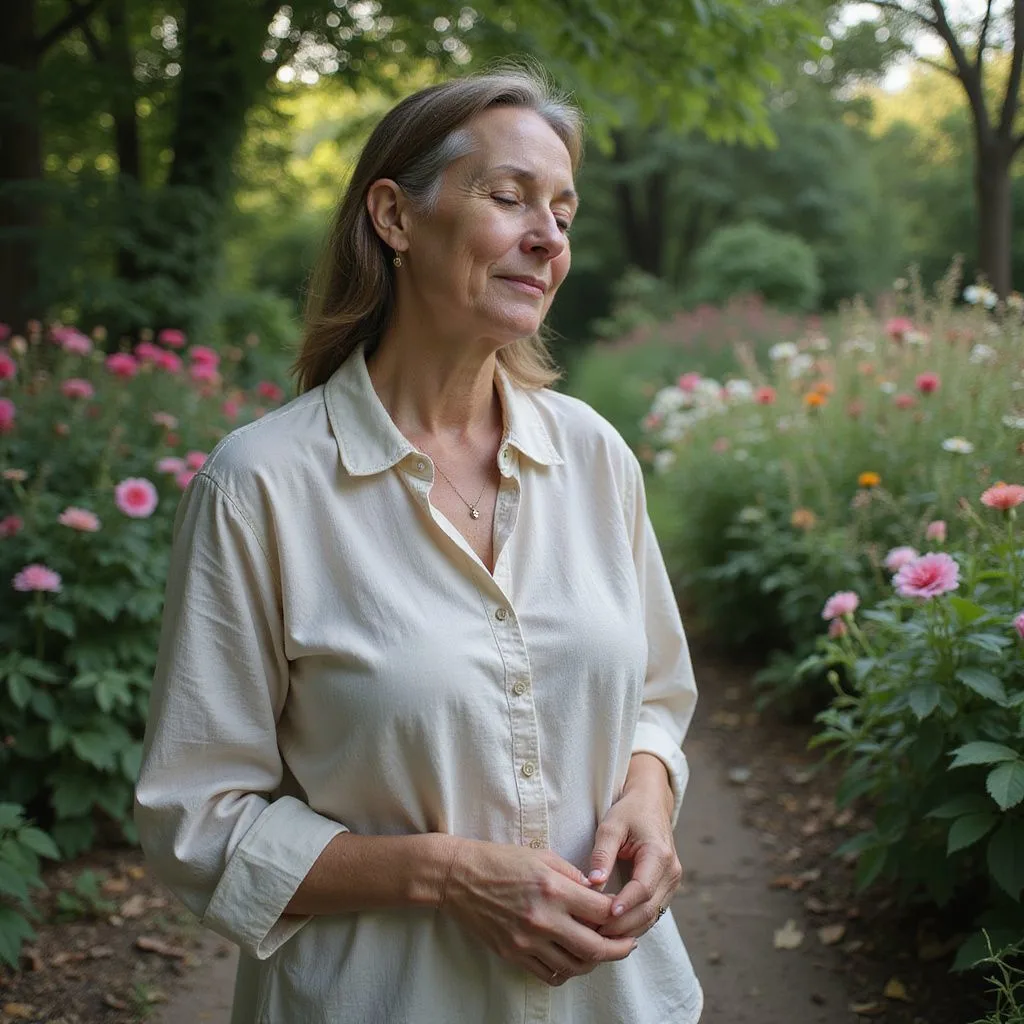 A woman peacefully reflects in a vibrant outdoor garden.