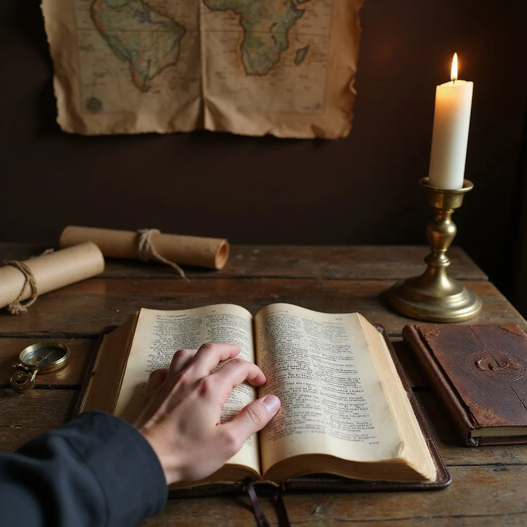 A weathered desk holds a Bible, notebook, compass, and candle.