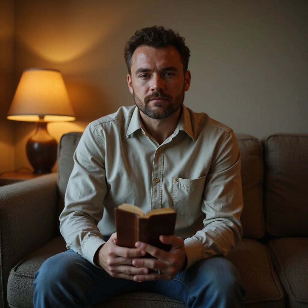 A man sits quietly on a sofa, holding a Bible.