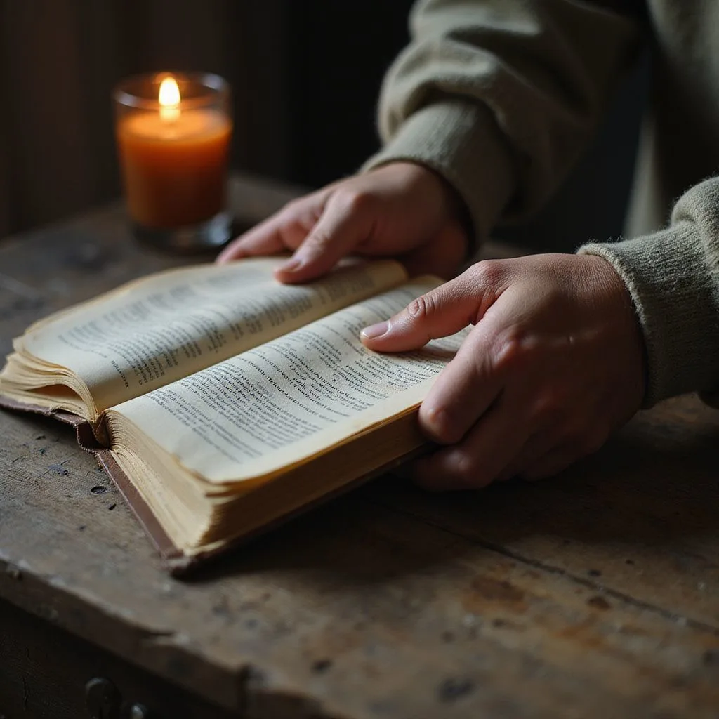 Weathered hands gently cradle a worn, open Bible on a rustic table.