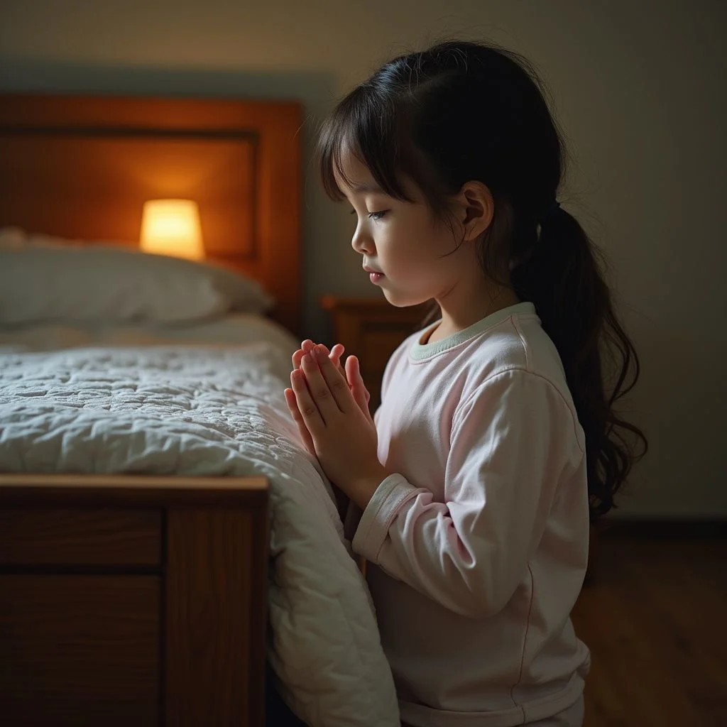 A young girl kneels in prayer beside her neatly made bed.