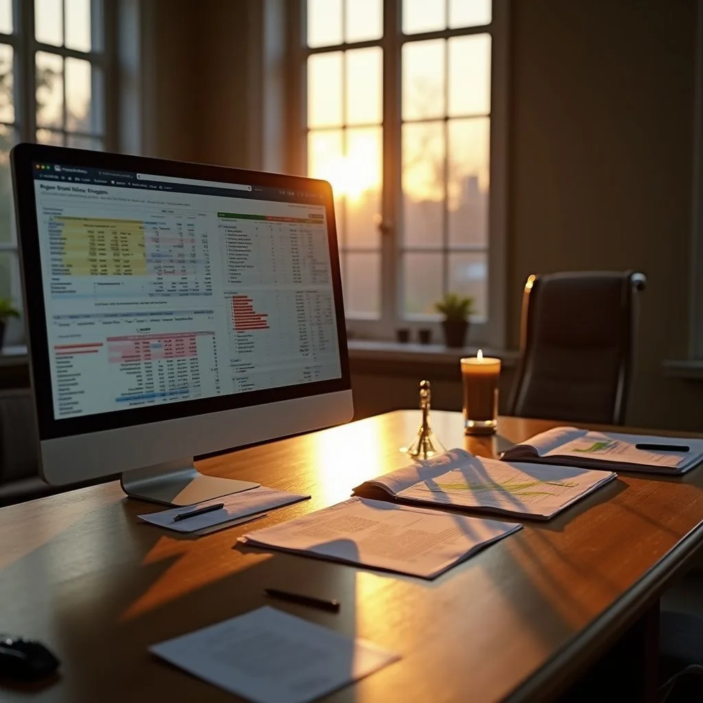 An empty office features a desk with a computer and scattered papers.