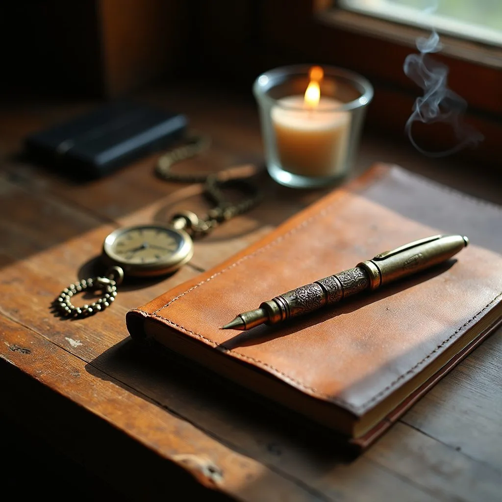 A rustic workspace featuring a wooden desk, journal, and vintage items.