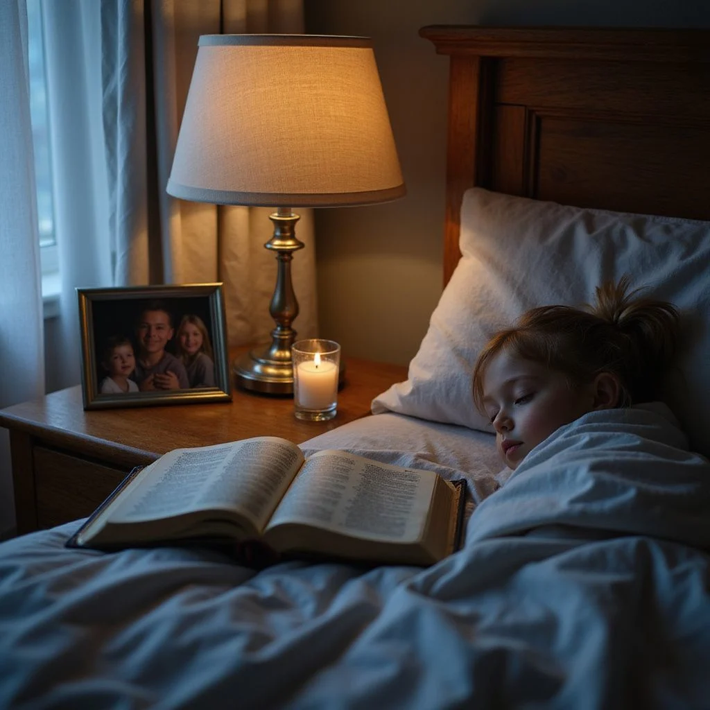 A serene bedroom scene with a child peacefully sleeping and personal items.