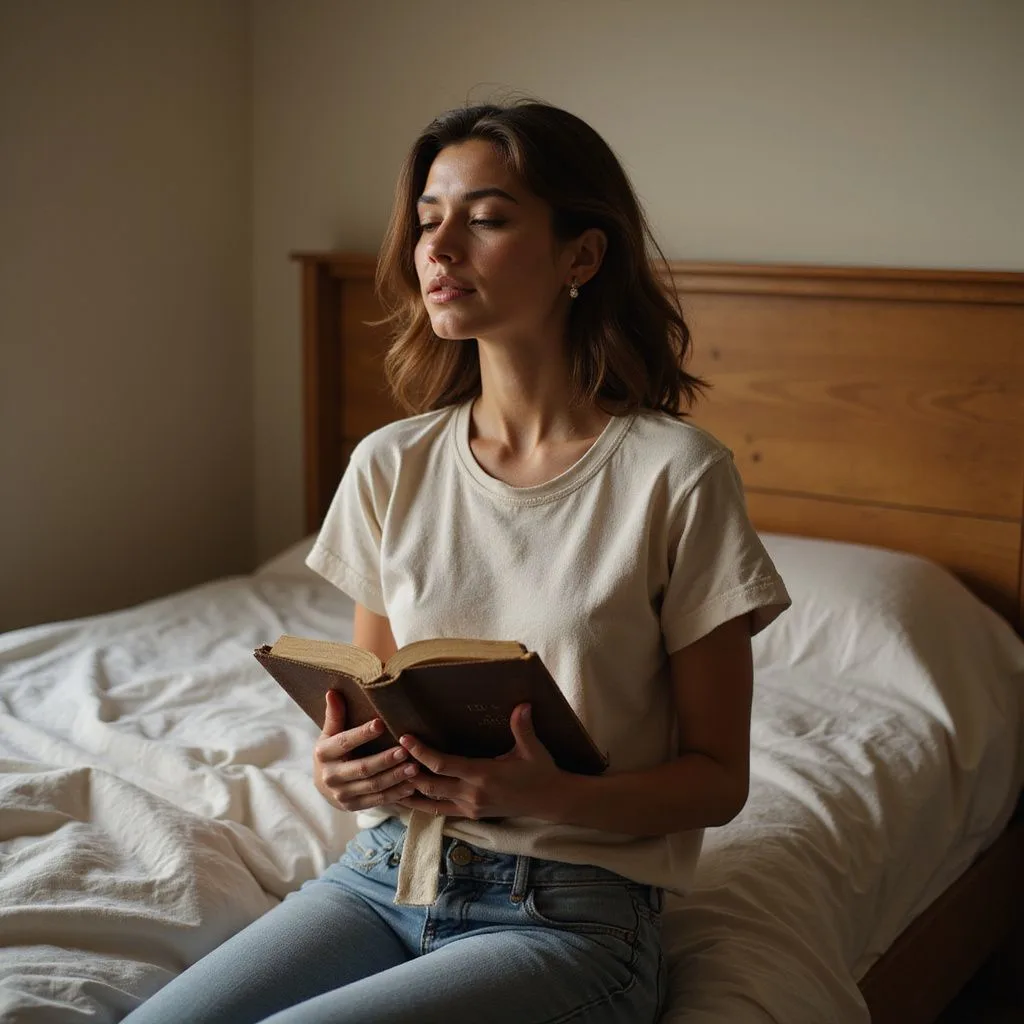A woman kneels in prayer, holding a worn leather Bible.