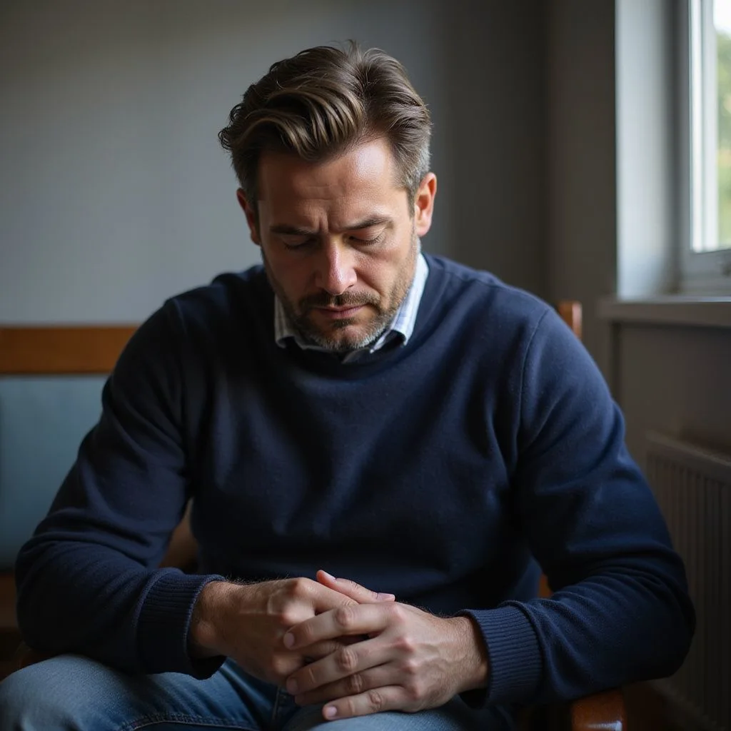 A man anxiously waits in a hospital for his wife's surgery.