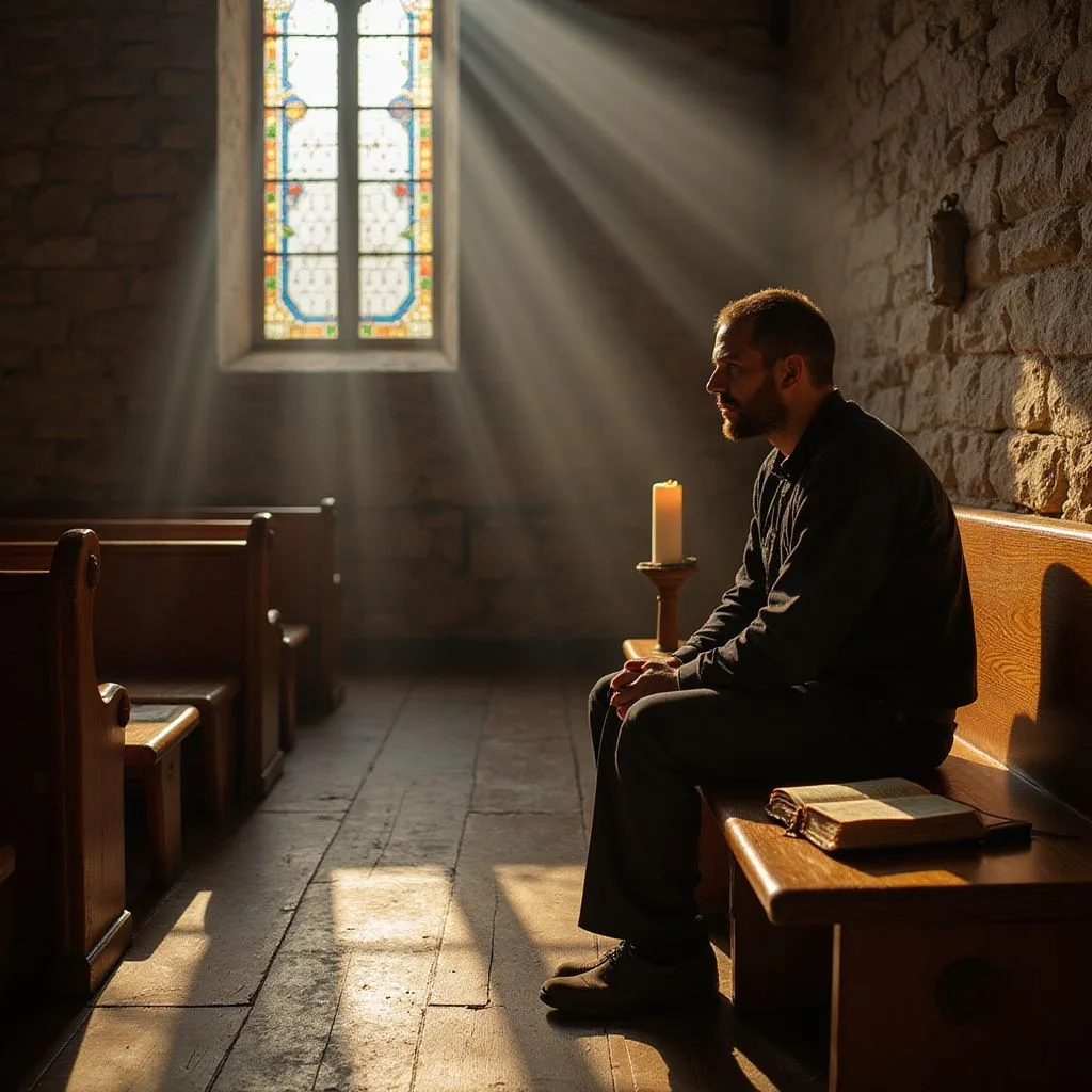 A serene church interior with a man in quiet prayer.