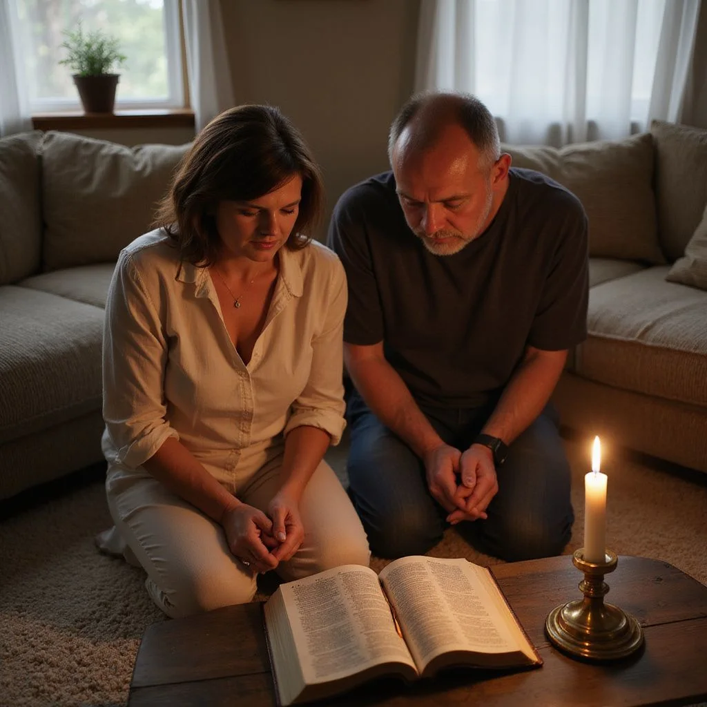 A couple kneels together in prayer beside an open Bible.